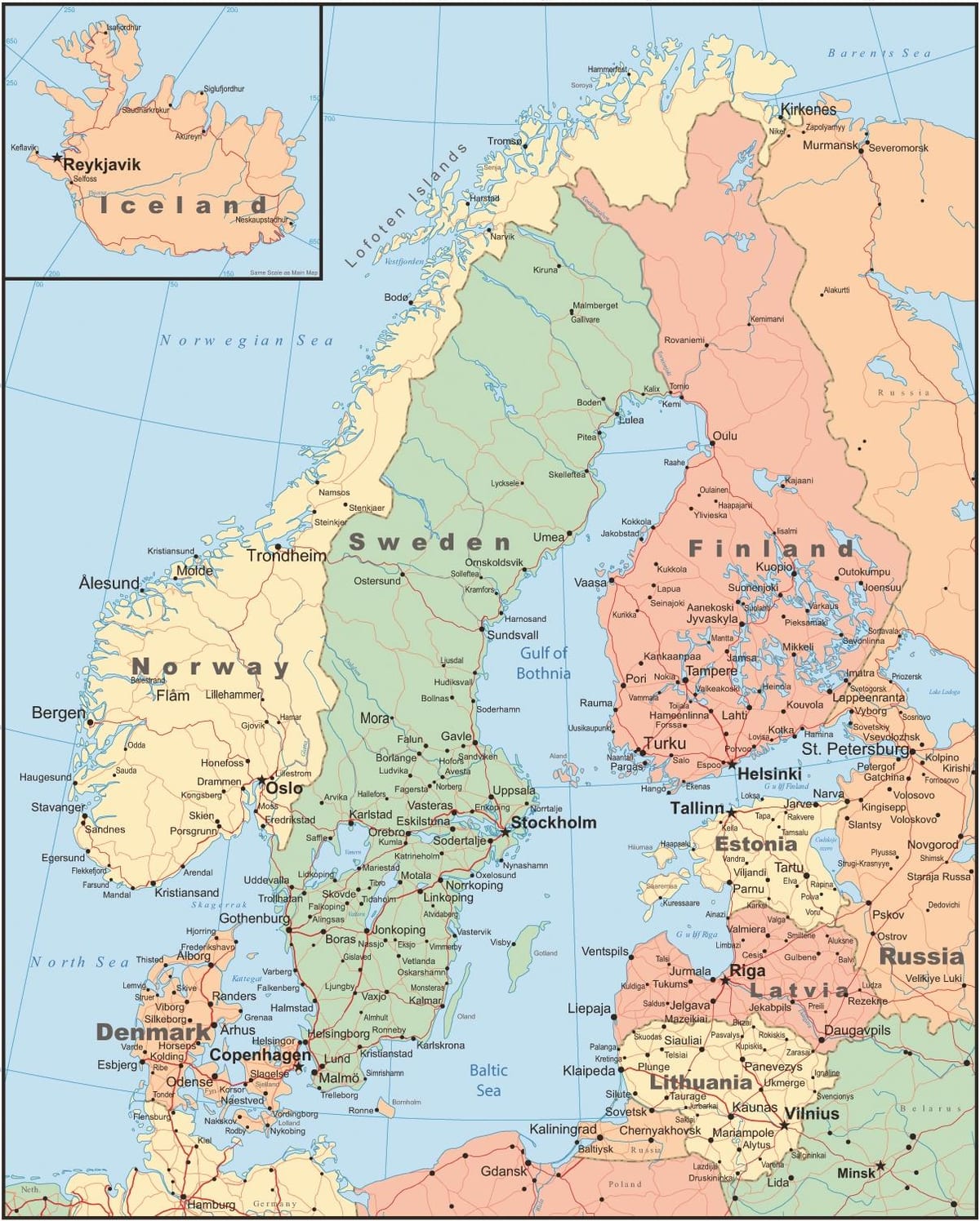 Kort af Finnlandi og nærliggjandi löndum