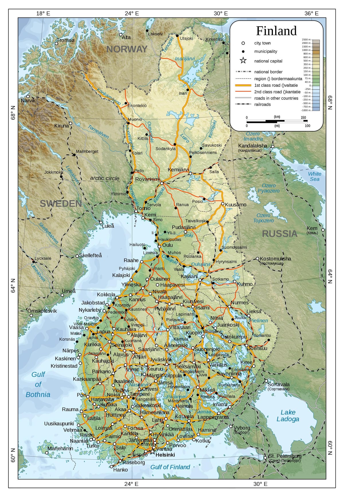 Kort af líkamlega Finnlandi