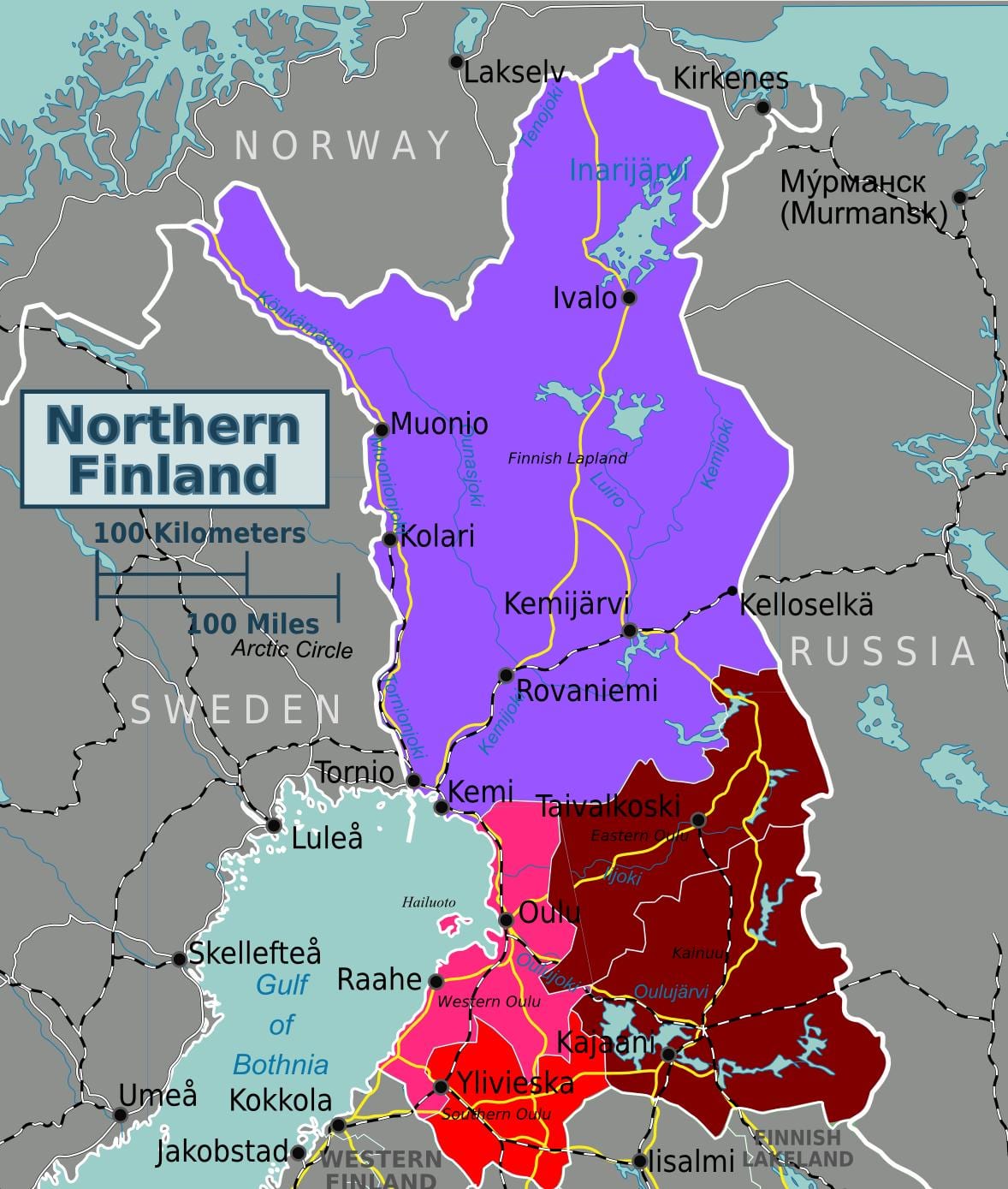 Kort af norður Finnlandi