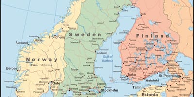Kort af Finnlandi og nærliggjandi löndum